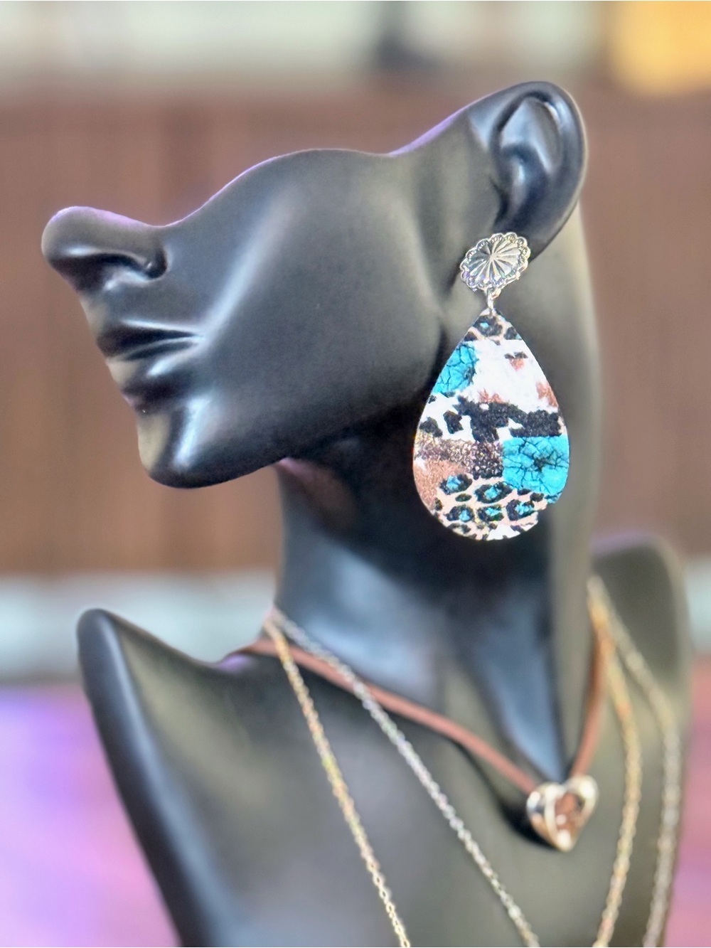 Southwestern Wood Teardrop Earrings Turquoise Concho Boho